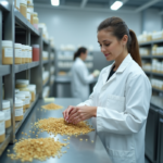 Femme en blouse blanche manipulant des ingrédients botaniques en laboratoire