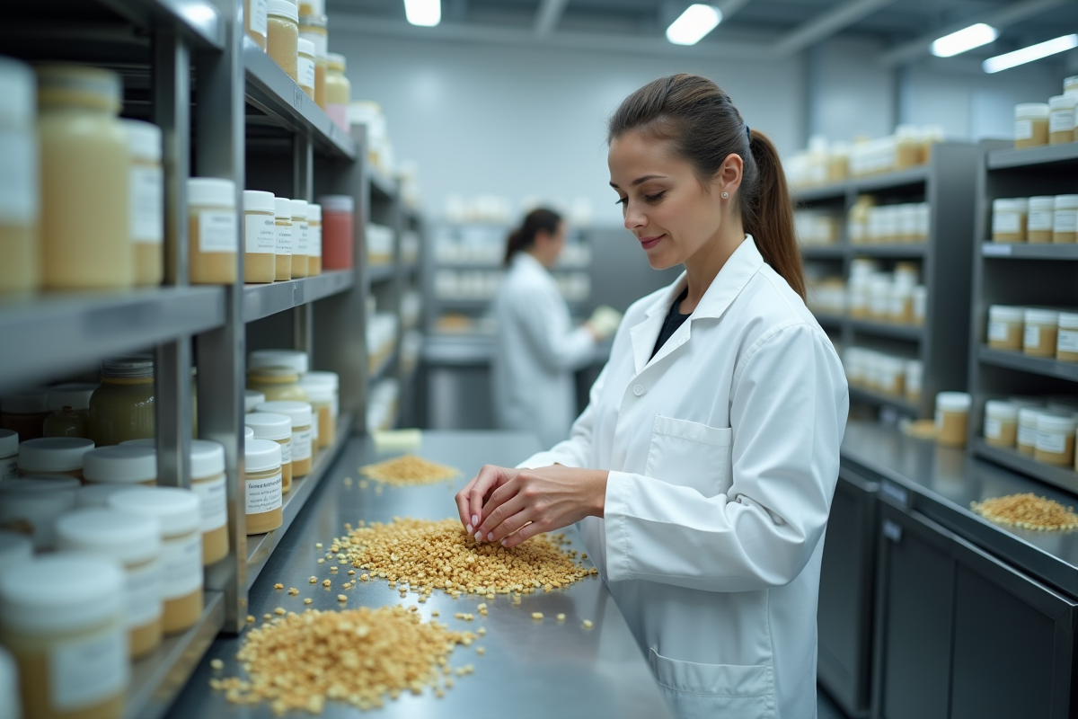 Femme en blouse blanche manipulant des ingrédients botaniques en laboratoire