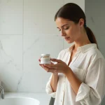 Femme lisant l'étiquette d'une crème artisanale Comme Avant dans une salle de bain minimaliste