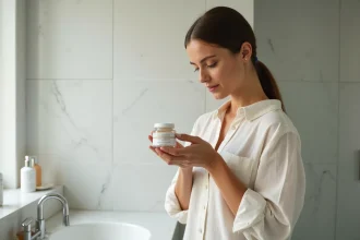 Femme lisant l'étiquette d'une crème artisanale Comme Avant dans une salle de bain minimaliste