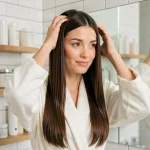 Femme aux cheveux lissés naturellement dans une salle de bain moderne avec des produits de soin capillaire