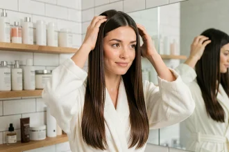 Femme aux cheveux lissés naturellement dans une salle de bain moderne avec des produits de soin capillaire