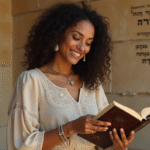 Femme souriante tenant un livre ancien dans une bibliothèque