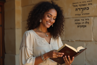 Femme souriante tenant un livre ancien dans une bibliothèque