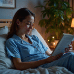 Femme en pyjama lit lisant un livre de bien-être