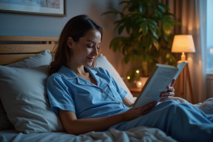 Femme en pyjama lit lisant un livre de bien-être