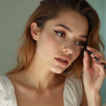 Femme confiante appliquant un maquillage graphique yeux