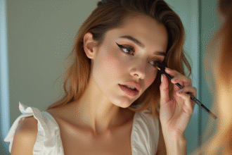 Femme confiante appliquant un maquillage graphique yeux