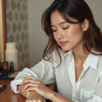 Femme testant des nuances de fond de teint dans sa chambre