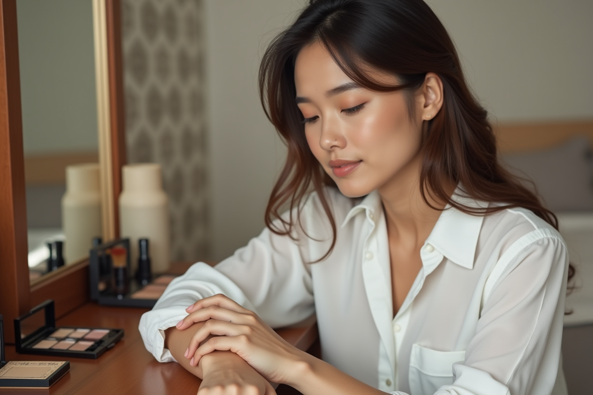 Femme testant des nuances de fond de teint dans sa chambre