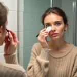 Femme appliquant du mascara devant un miroir de salle de bain
