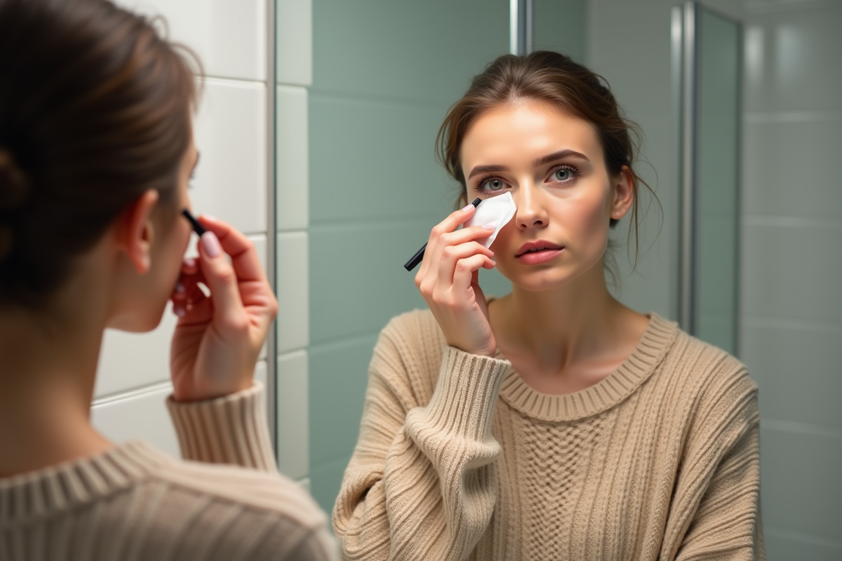 Femme appliquant du mascara devant un miroir de salle de bain