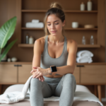 Femme relaxée regardant sa montre dans un centre wellness