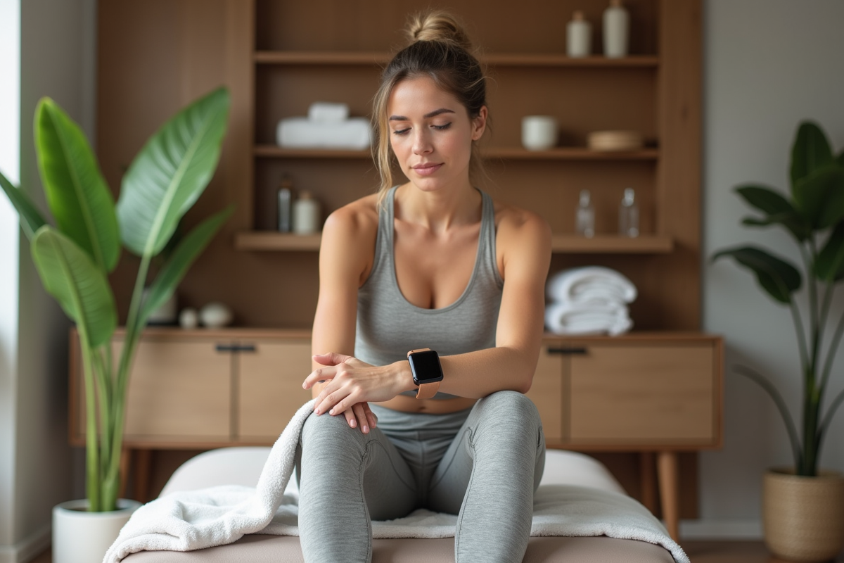 Femme relaxée regardant sa montre dans un centre wellness