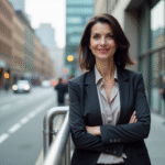 Femme d'affaires souriante dans un décor urbain moderne