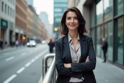 Femme d'affaires souriante dans un décor urbain moderne