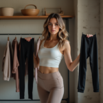 Femme mode portant leggings et sous-vêtements dans un loft moderne