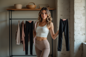 Femme mode portant leggings et sous-vêtements dans un loft moderne