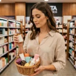 Femme examinant des produits de beauté dans un rayon de grande surface cosmétique avec un panier rempli d'articles soigneusement sélectionnés