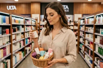 Femme examinant des produits de beauté dans un rayon de grande surface cosmétique avec un panier rempli d'articles soigneusement sélectionnés