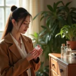 Femme élégante testant un parfum dans une chambre chaleureuse