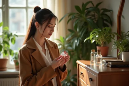 Femme élégante testant un parfum dans une chambre chaleureuse