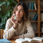 Jeune femme en intérieur avec parfum et livres