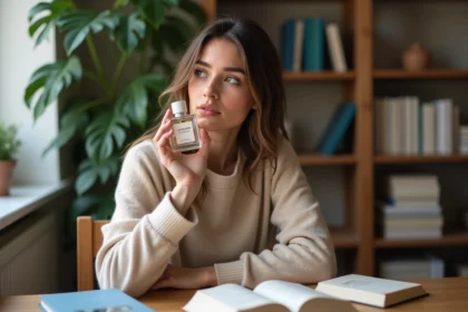 Jeune femme en intérieur avec parfum et livres
