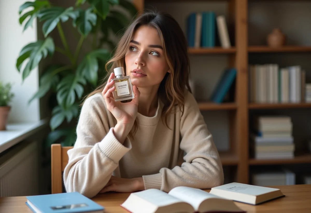 Jeune femme en intérieur avec parfum et livres