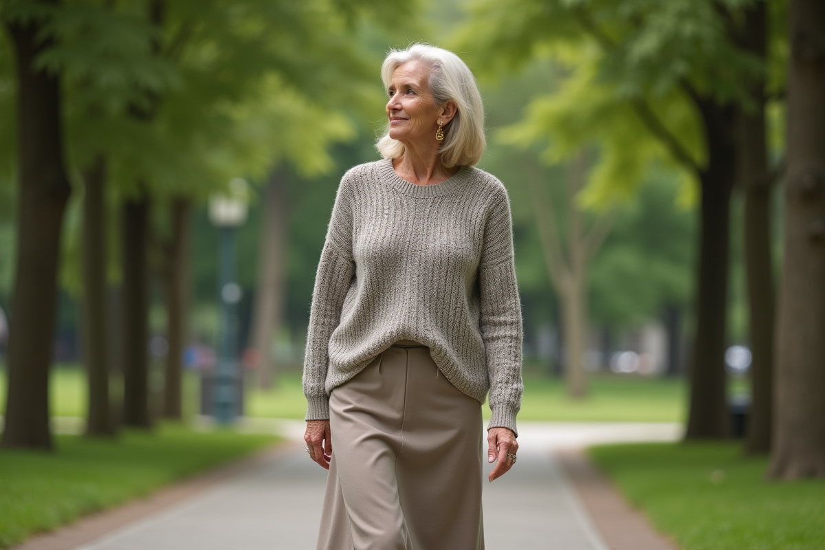 Femme élégante en promenade dans un parc verdoyant