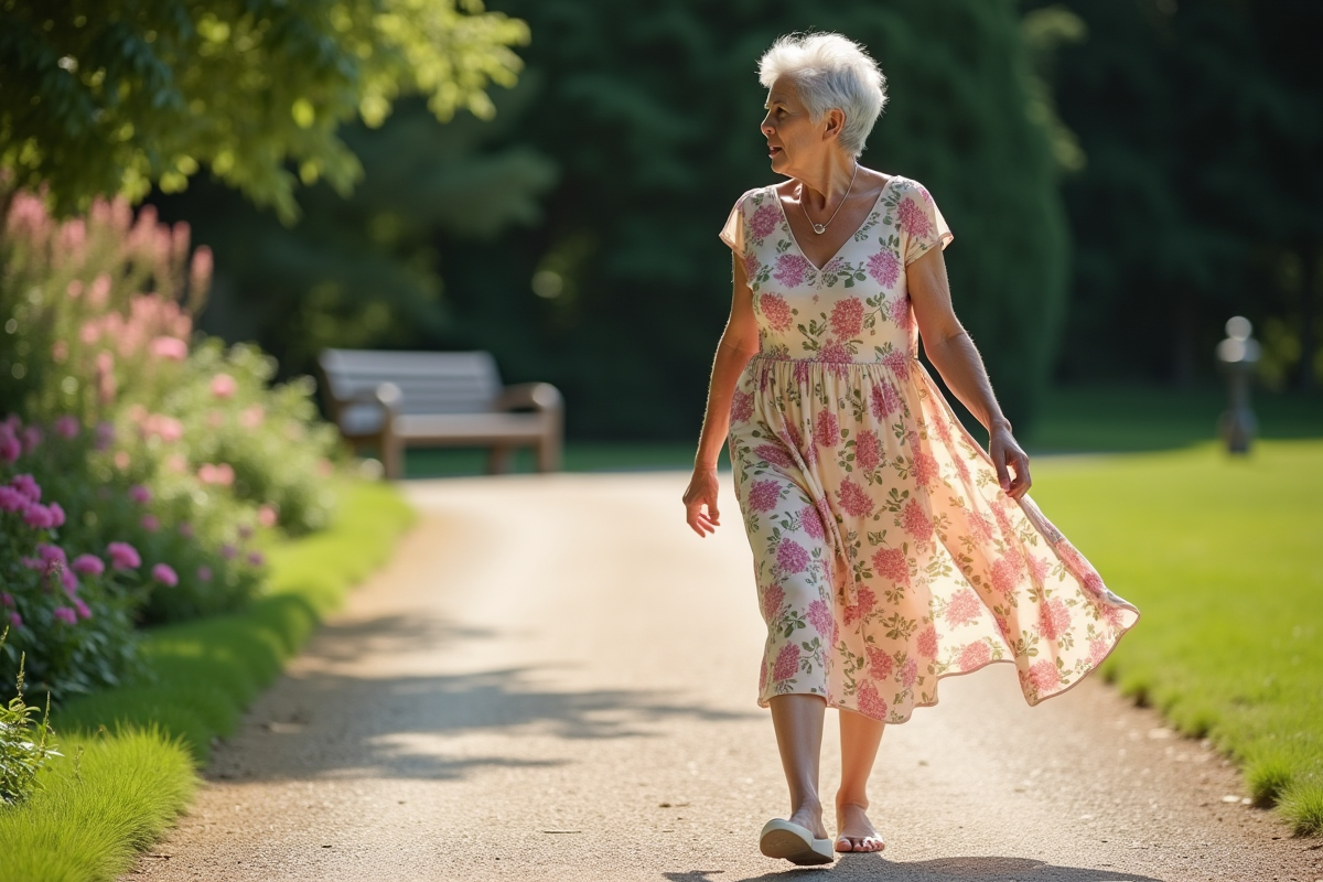 Femme active en robe fleurie dans un jardin ensoleille