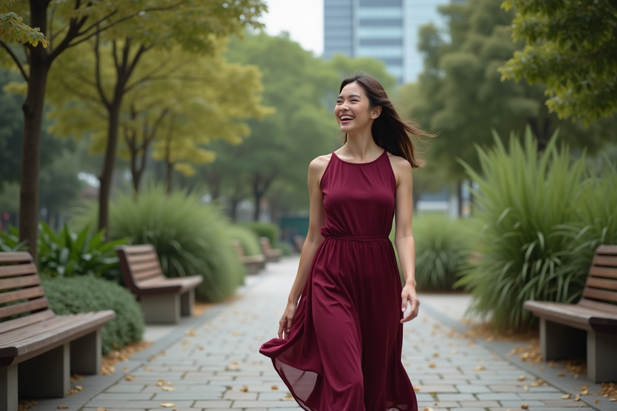 Femme en robe burgundy riant dans un parc urbain