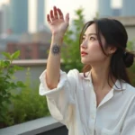 Jeune femme avec tatouage soleil sur le poignet dans un jardin urbain