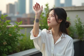 Jeune femme avec tatouage soleil sur le poignet dans un jardin urbain