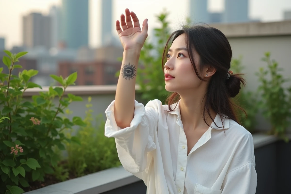 Jeune femme avec tatouage soleil sur le poignet dans un jardin urbain