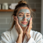 Femme appliquant un masque d'argile sur le visage
