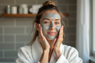 Femme appliquant un masque d'argile sur le visage