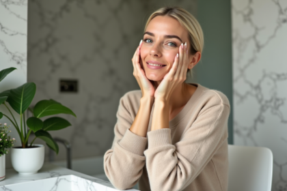 Femme appliquant une creme visage dans un decor naturel