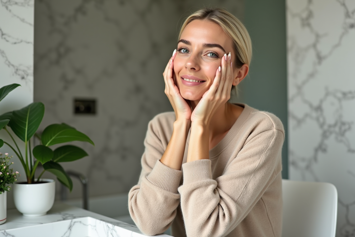 Femme appliquant une creme visage dans un decor naturel