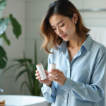 Femme examinant des produits de soin visage dans une salle de bain moderne