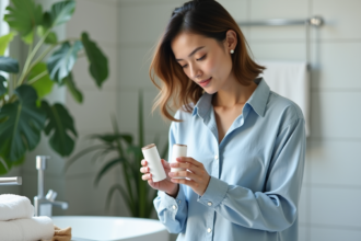Femme examinant des produits de soin visage dans une salle de bain moderne