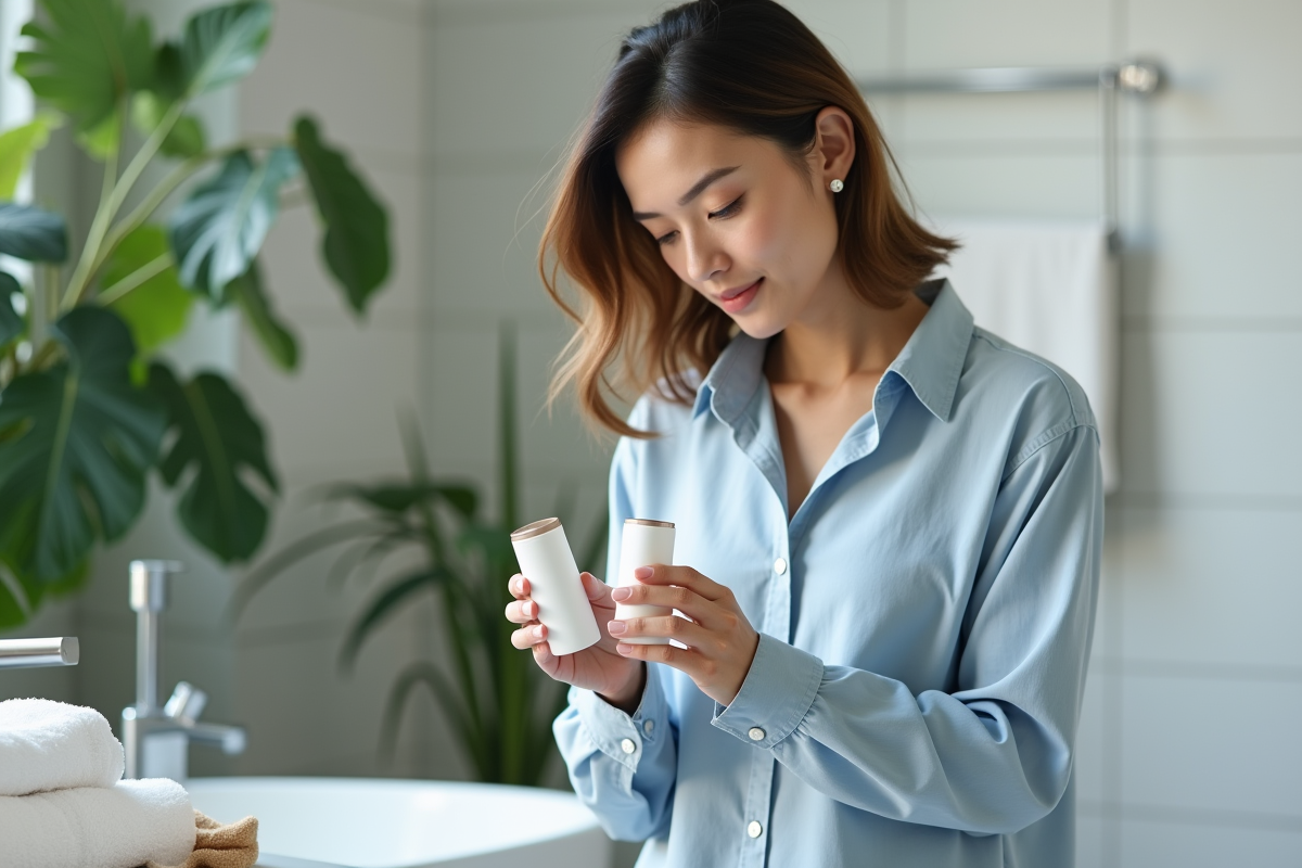Femme examinant des produits de soin visage dans une salle de bain moderne