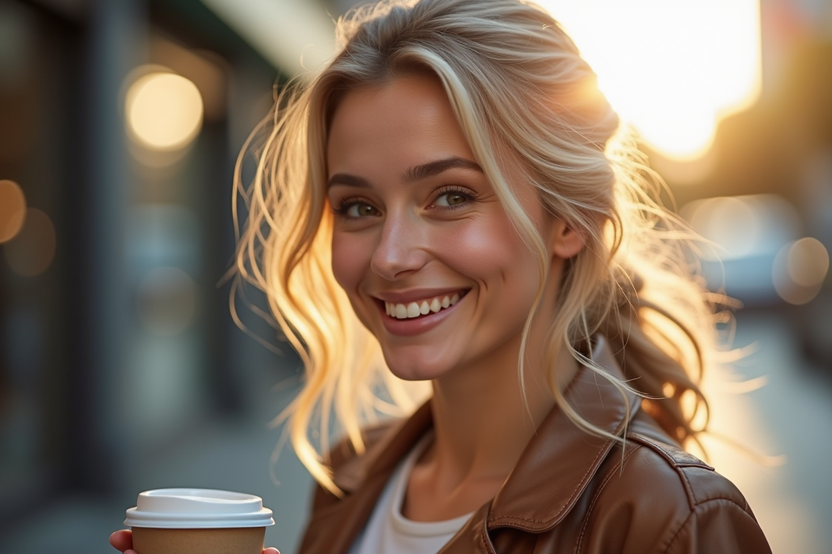 Femme souriante avec peau éclatante buvant un café en extérieur