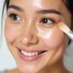 Femme souriante appliquant highlighter sur les pommettes
