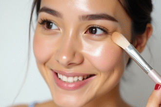 Femme souriante appliquant highlighter sur les pommettes