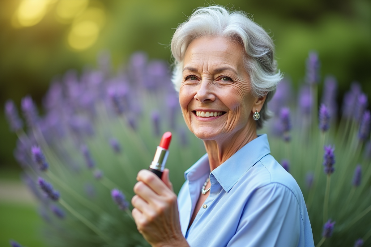Femme souriante avec rouge à lèvres coral dans un jardin de lavande