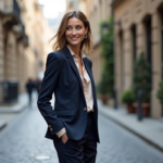 Femme élégante en blazer navy dans une rue urbaine historique