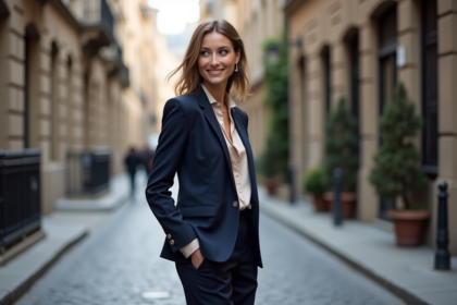 Femme élégante en blazer navy dans une rue urbaine historique