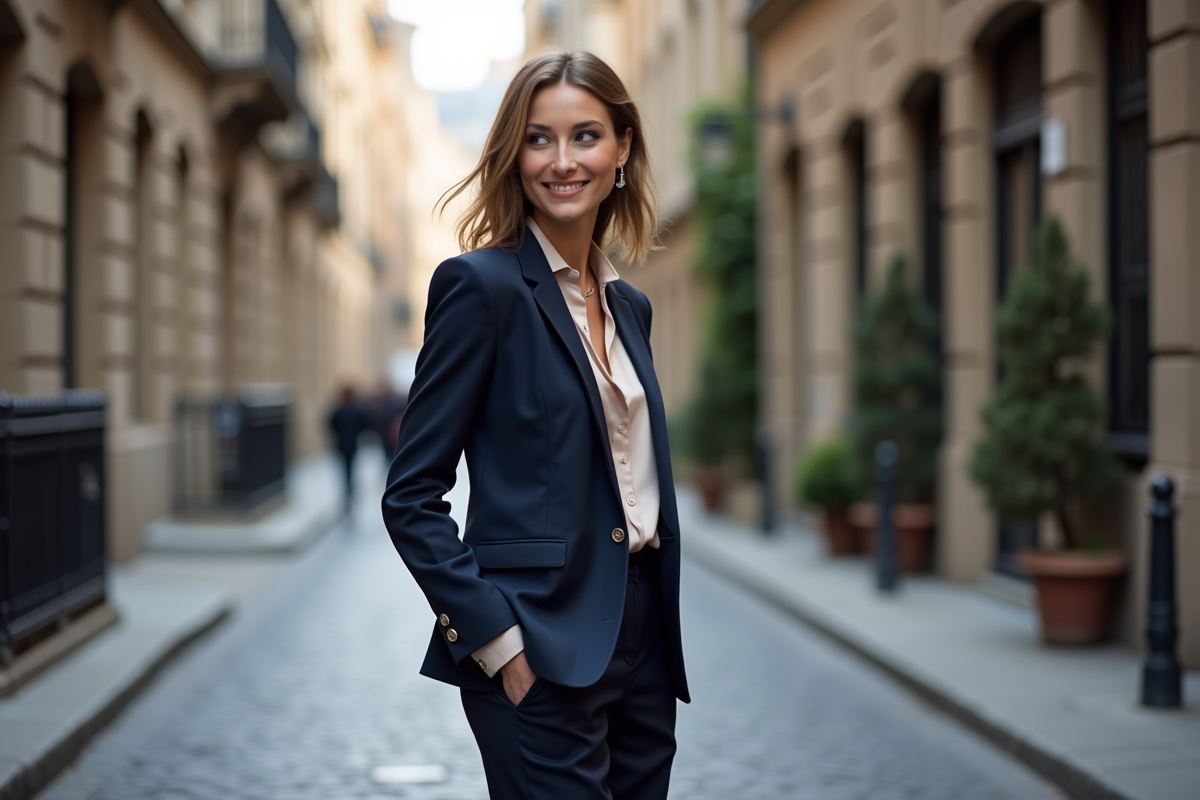 Femme élégante en blazer navy dans une rue urbaine historique