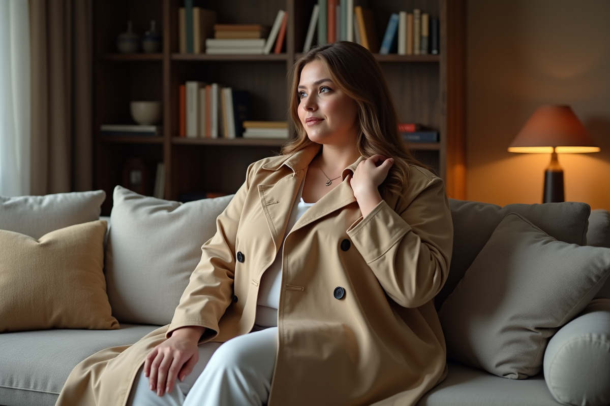 Femme en trench fluide dans un salon cosy